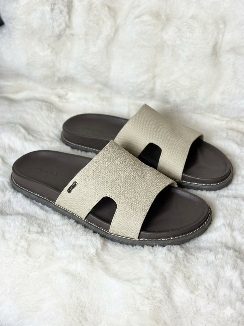 Aldo Taupe Slide Sandals with Dark Brown Footbed